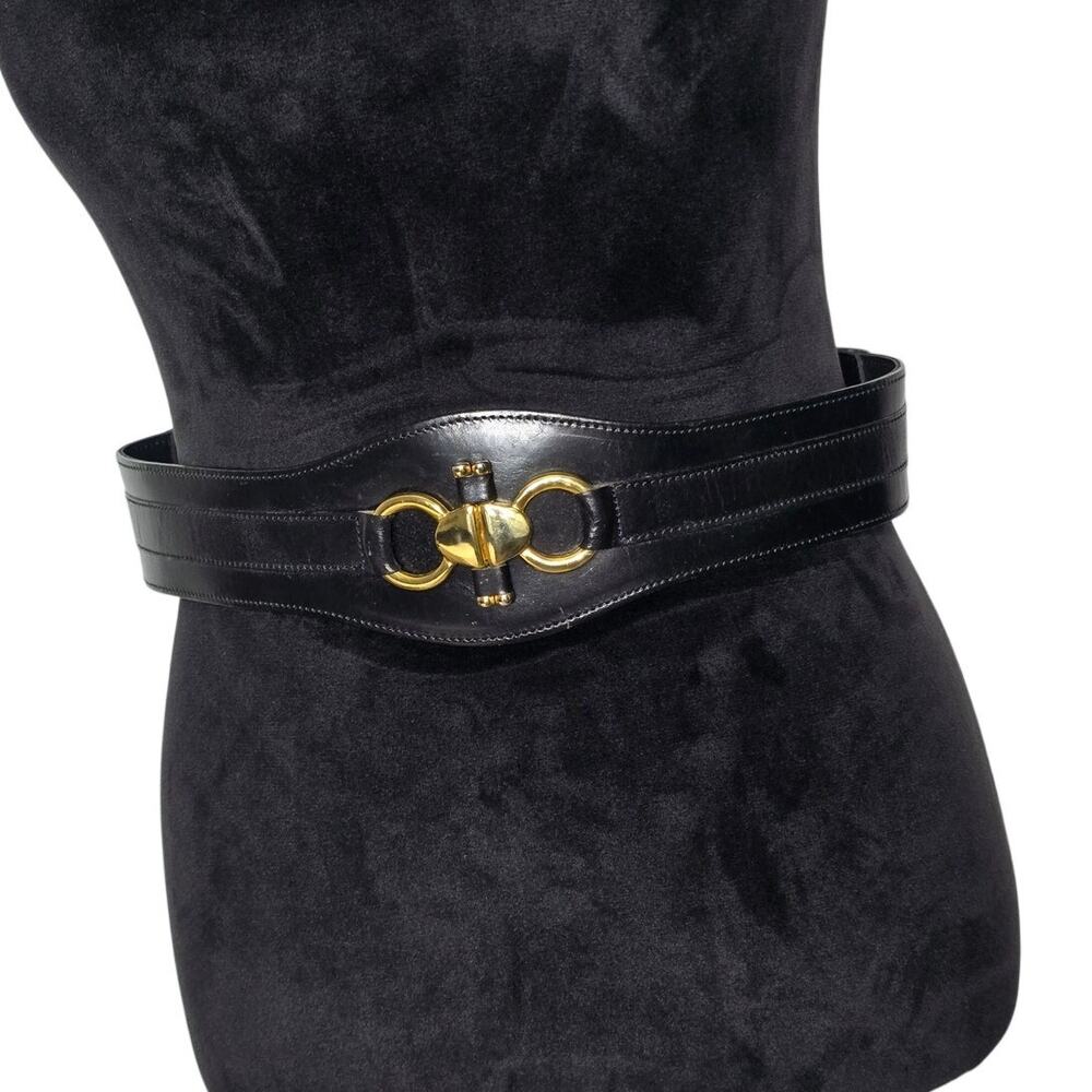 Vintage Cinnie Johansen Made in Italy Leather Black Waist Belt Gold Tone Buckle